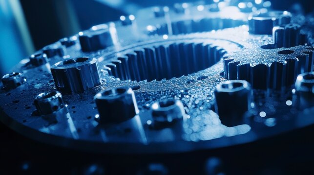 Close-up of metallic gears with oil, showing intricate detail and industrial textures.