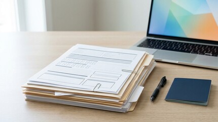 Obraz premium Stack of official documents on wooden desk with laptop and notebook 