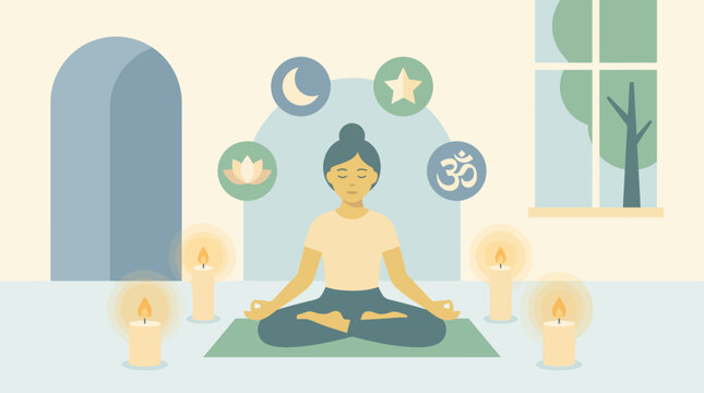 Woman meditating in a peaceful indoor setting.