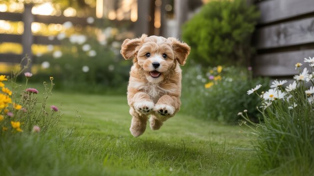 Adorable golden cavapoo puppy jumping playfully across a lush green grassy garden lawn while looking directly at the camera with a joyful and happy expression