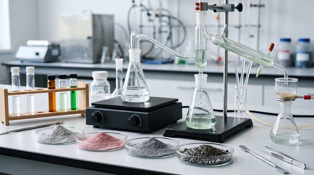 Extraction process of precious rare earth elements refinement concept. Scientific laboratory setup with glassware and chemical materials.