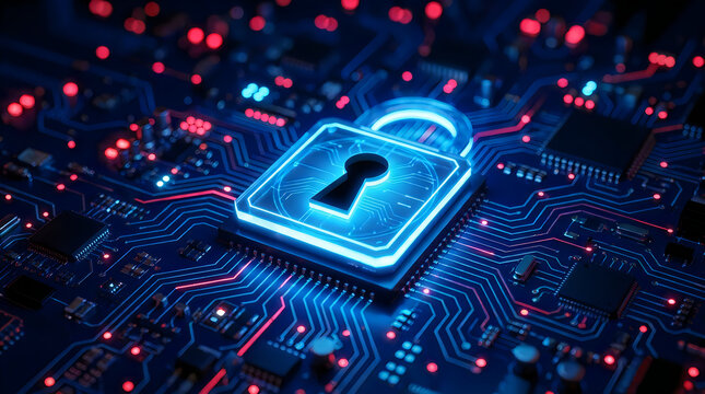 Digital padlock icon glowing on a high tech computer circuit board