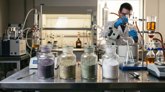 Extraction process of precious rare earth elements refinement concept. Scientist working in a laboratory with various chemical samples.