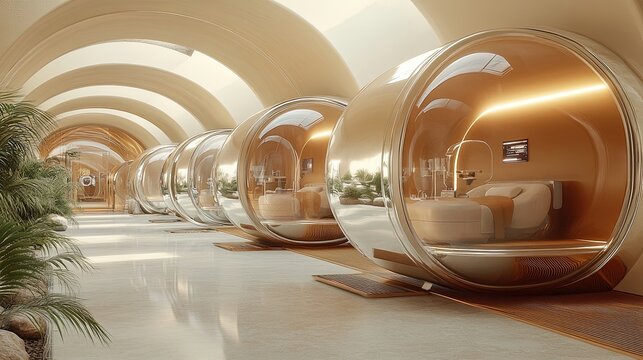 Futuristic Luxury Capsule Hotel Interior With Transparent Spherical Rooms. Generative AI