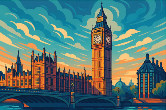 Big Ben London design digital art style, illustration