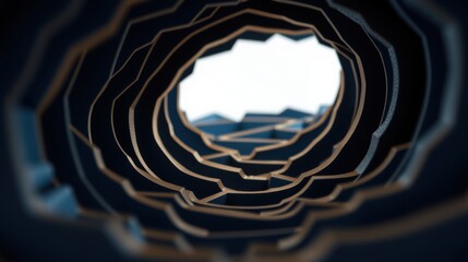 Fototapeta premium Dark tunnel view. Geometric shapes create depth, leading toward bright light. Abstract design, focus on perspective.