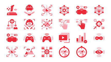 Collection of futuristic technology icons representing virtual reality, gaming, and digital interfaces. © xavier