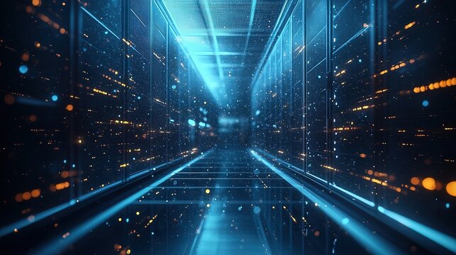 Futuristic Data Center Corridor With Blue Digital Lights. Generative AI