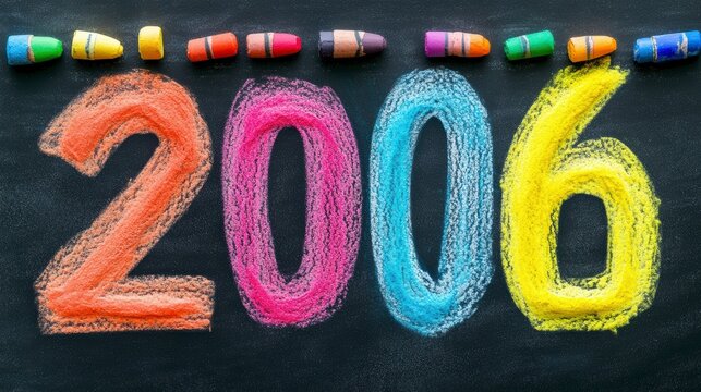Colorful chalk drawing of 2006 on a blackboard with crayons at the top.