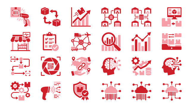 Collection of Icons Representing Supply Chain Management, Logistics, and Technology Solutions.