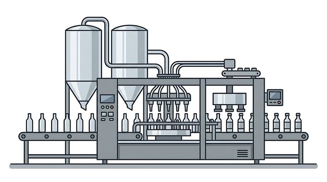Streamlined industrial bottling machinery featuring automated filling and capping processes on a conveyor belt, with large production silos, symbolizing efficient liquid packaging