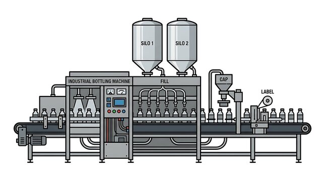 Modern industrial bottling machine illustrating the automated process of filling, capping, and labeling various products on a conveyor belt system in a manufacturing plant