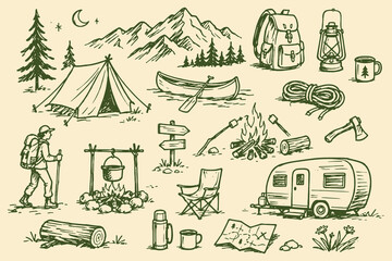 Fototapeta na wymiar Camping Hiking Adventure Green Ink Sketch Set Vector