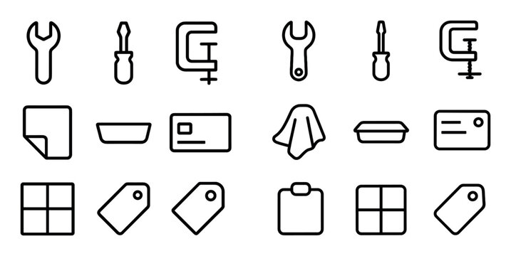Tools and office vector icons with wrench, screwdriver and clamp for web design in minimal outline style