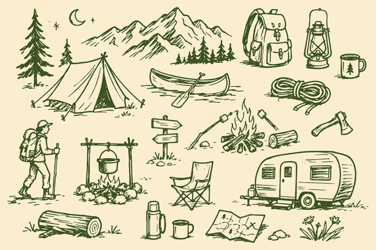 Camping Hiking Adventure Green Ink Sketch Set Vector