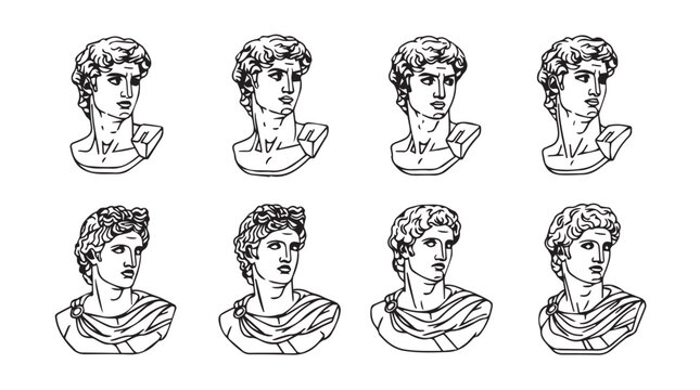 Collection of classic marble bust portraits in a clean line art style