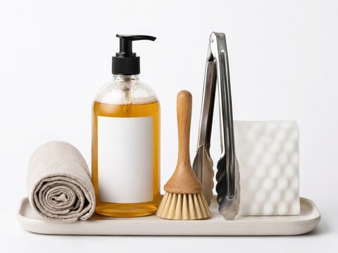 Minimalist dish care kit with amber detergent bottle wooden brush tongs sponge and linen towel