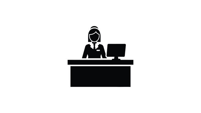 Black silhouette icon of a receptionist at a front desk with a computer monitor.