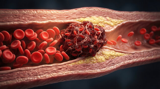 Blood clot thrombus blocking red blood cells stream artery concept. Visualization of blood clot formation in a human artery.