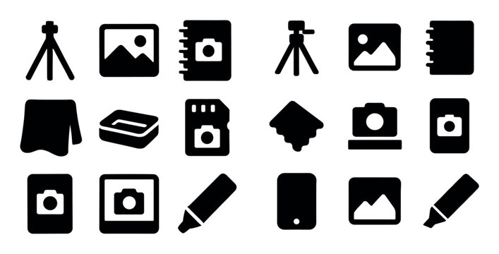 photography and media vector icons with camera, tripod and memory card for mobile app design in solid style
