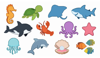 Sea life cartoon vector set ocean underwater marine animals © Wahida