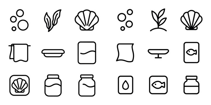 marine and aquarium design icons with bubbles, seashell and fish jar for branding presentation in outline icon style