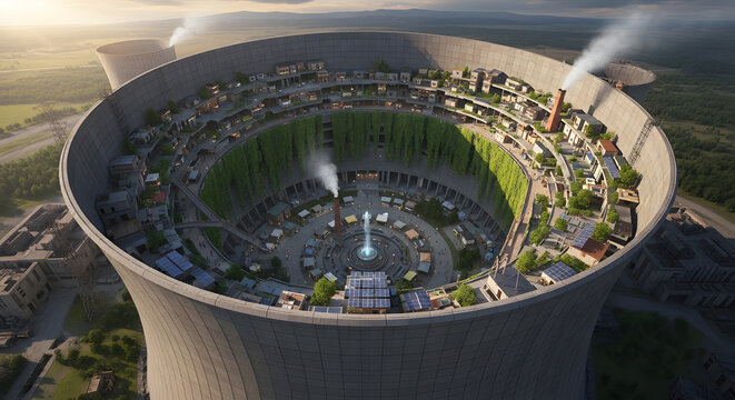 An aerial view of a vibrant, self-sufficient settlement ingeniously built within the confines of a massive, repurposed cooling tower, teeming with life and innovative architecture