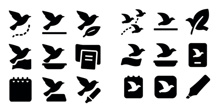 Bird and writing concept icons with flying bird, notepad and pen for mobile app design in solid icon style