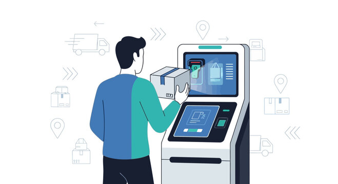 Man using parcel locker for package pickup and delivery, logistics concept