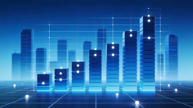 Blue digital bar chart with city skyline
