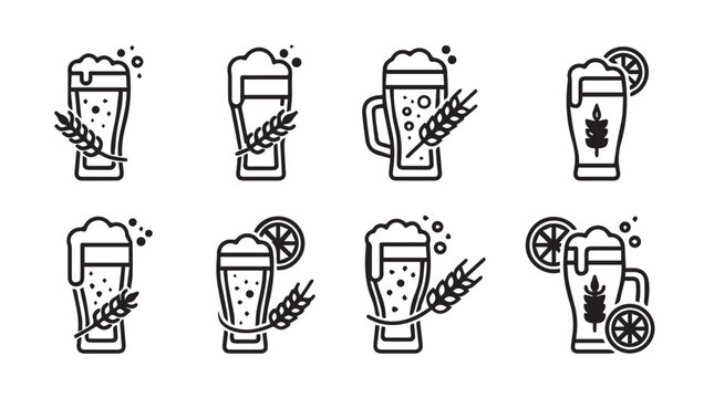Collection of diverse beer glass icons with wheat and citrus elements in clean line art style