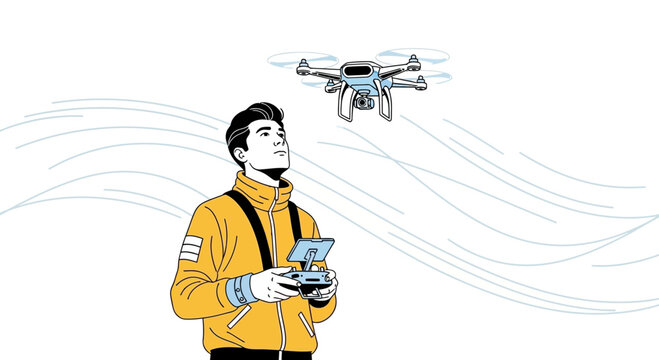 Man controlling a flying drone with a remote control, futuristic technology concept
