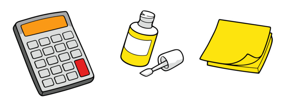 A compact set of office supply icons featuring a calculator, magnifying glass, correction fluid, and yellow sticky note on a transparent background. Flat style.