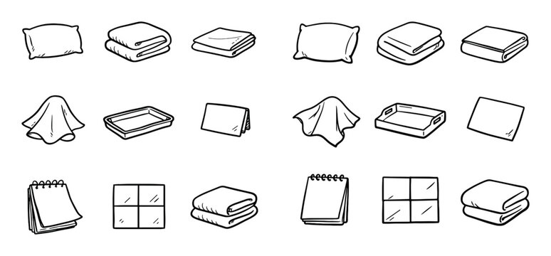 Household linen and fabric vector icons with pillow, blanket and towel for mobile app design in hand drawn illustration