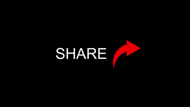 Share text animation with red arrow icon. Share text social media call to action. Share text digital marketing and engagement graphic on black.