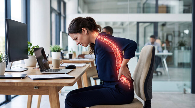 Woman suffering back pain from poor posture while working concept. Woman experiencing back pain while working at her office desk.