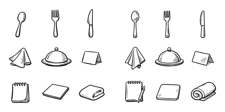 dining and restaurant vector icons with spoon, fork and cloche for presentation design in hand drawn style