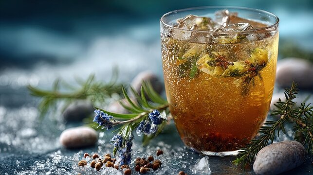 Refreshing Iced Herbal Tea Cocktail with Rosemary and Ice Cubes. Generative AI