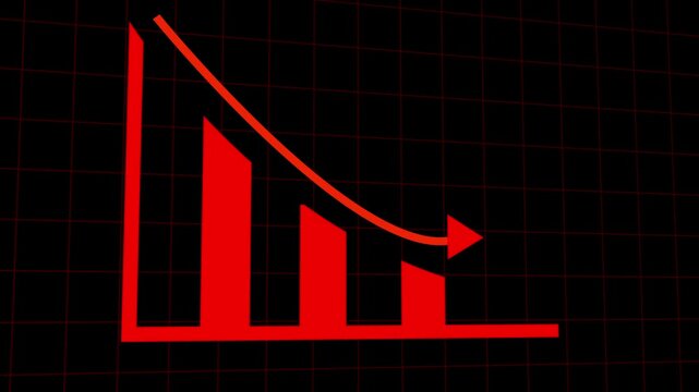 Bar graph animation with red declining bars. Bar graph financial loss on digital grid. Bar graph business failure graphic on black background for data.