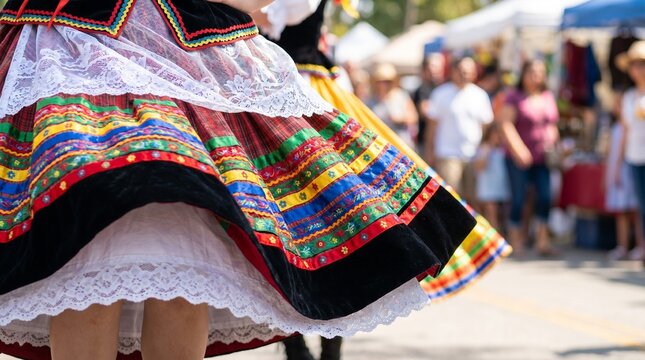 Woman wearing a colorful skirt dancing outdoors at a festival with a crowd
