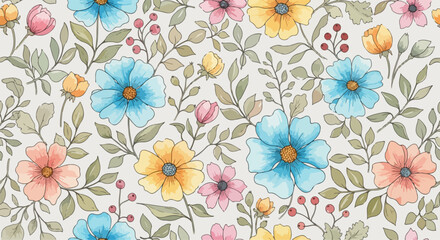 Fototapeta premium Color rich floral pattern showcasing variety of blossoms and delicate brush textures