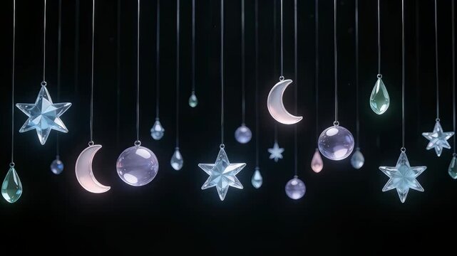 Hanging celestial ornaments against dark background