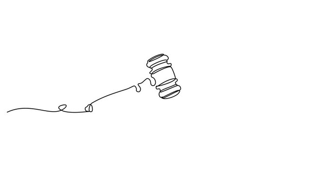 Continuous line drawing of judge's gavel, symbolizing justice, equality, editable line art vector illustration.