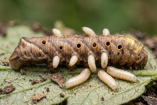 Parasitic tachinid fly larvae emerging from dead host caterpillar
