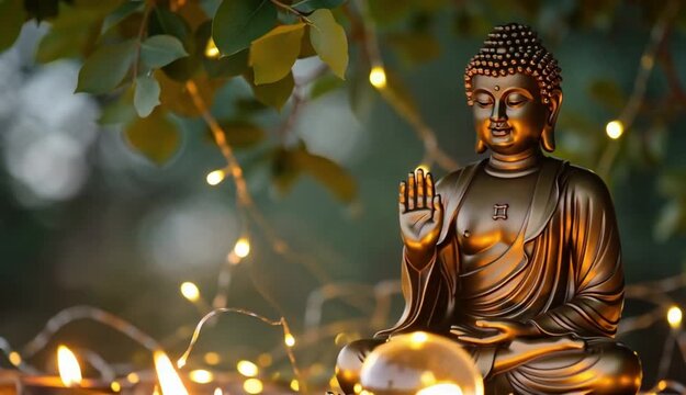 Lord Buddha Statue Meditating with Bokeh Lights Background for Buddha Purnima and Vesak Day - 3D Render Vector Style