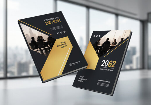 Business Report Cover Template &ndash; Gold and Black Geometric Layout (A4)