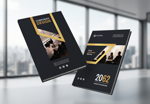 Business Report Cover Template &ndash; Gold and Black Geometric Layout (A4)
