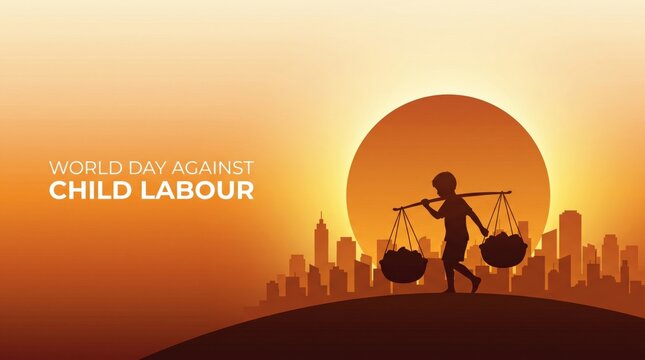 World Day Against Child Labour Silhouette with Sunset Background.
