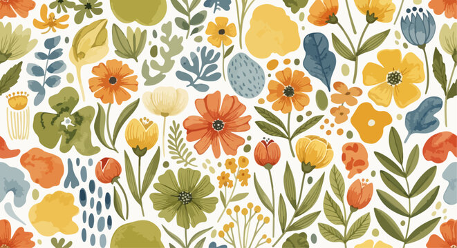 Hand painted botanical pattern with charming flowers and elegant leafy stems