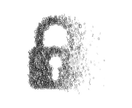 Vector abstract digital padlock silhouette formed by binary code particles for cybersecurity technology artificial intelligence data protection and internet science concept